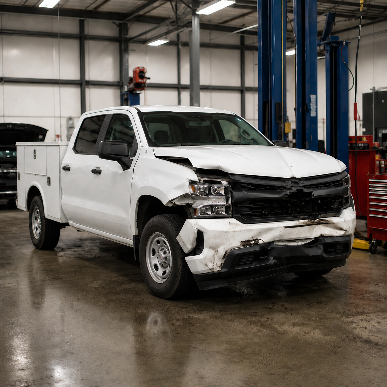 Fleet pickup truck with collision damage before repair